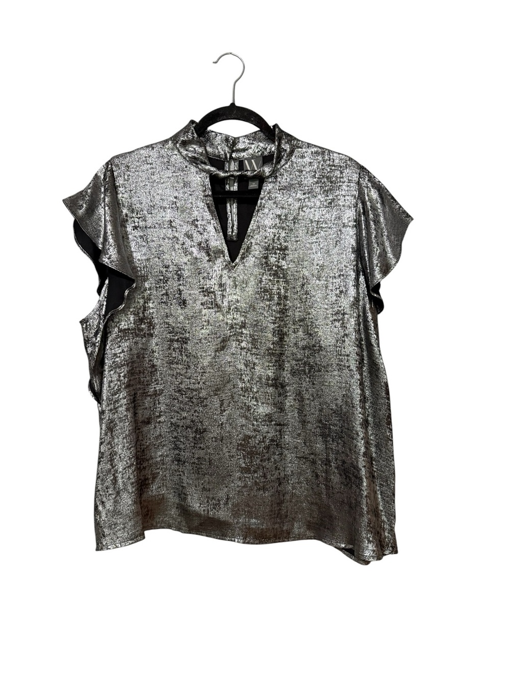 Worthington Metallic Flutter Sleeve Blouse Silver Foil Keyhole 1X NWOT
